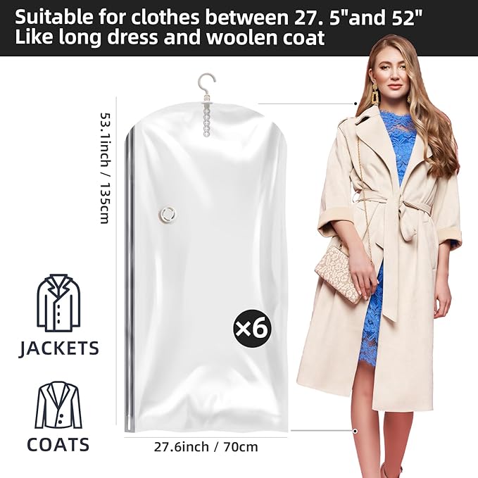 Hanging Vacuum Storage Bags, 6 Pack Hanging Storage Bags for Clothes With Electric Pump, Vacuum Sealed for Suits, Dress, Jack