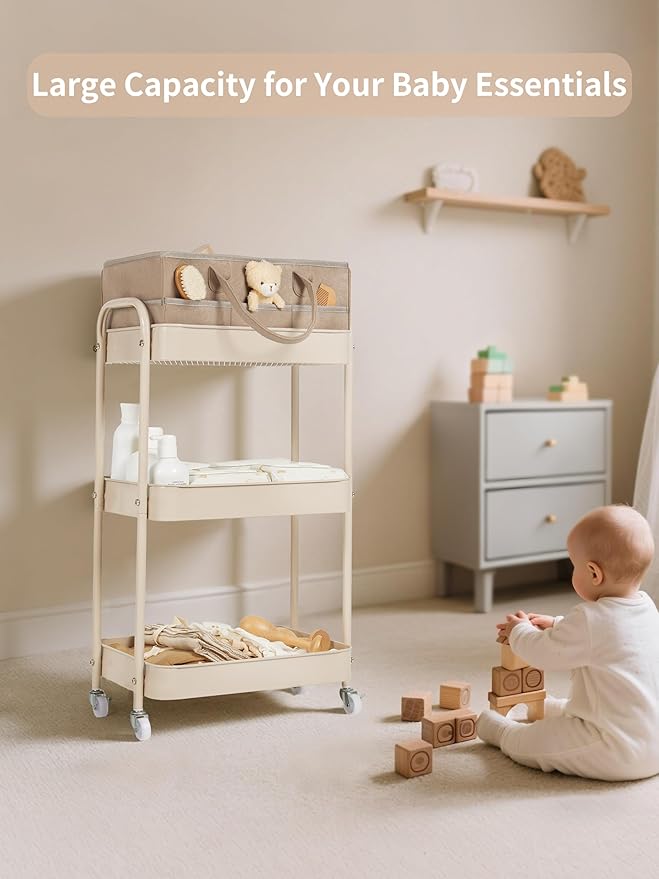 Fortella Baby Diaper Caddy, 3 Tier Rolling Storage Cart for Baby Essentials, Diaper Cart with Detachable Dividers, Storage & 