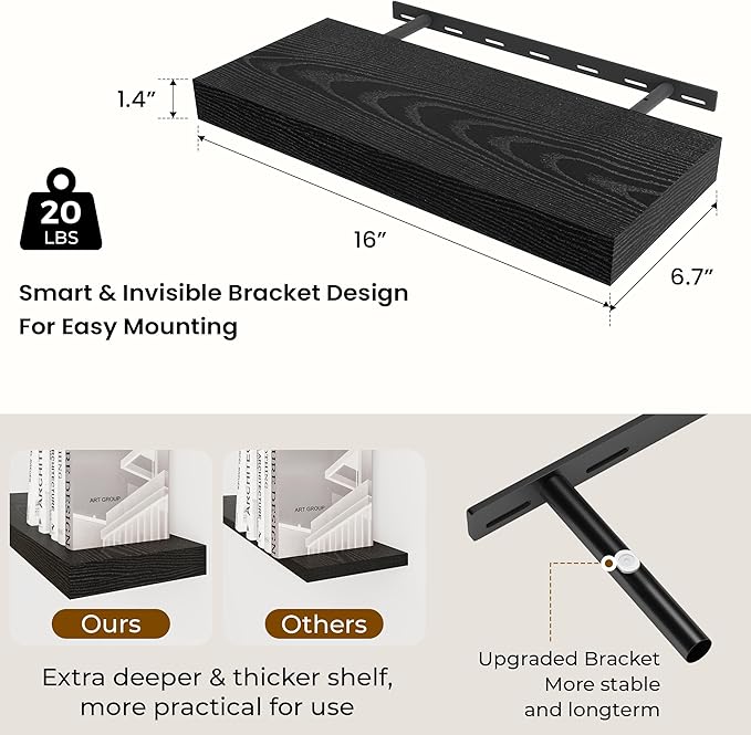 Dreamland 16 Inch Long Floating Shelves in Black,6.7 Inch Deep Floating Shelf for Wall,Large Display & Storage Shelf, Wall Sh