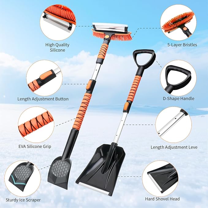 43.3'' Snow Shovel & Snow Brush with Ice Scrapers for Car Windshield,5-in-1 Extendable Thicken Aluminum Tube,180° Pivoting Brush Head & Foam Grip for Christmas, Cars, Trucks, SUVs, Vehicle(Orange