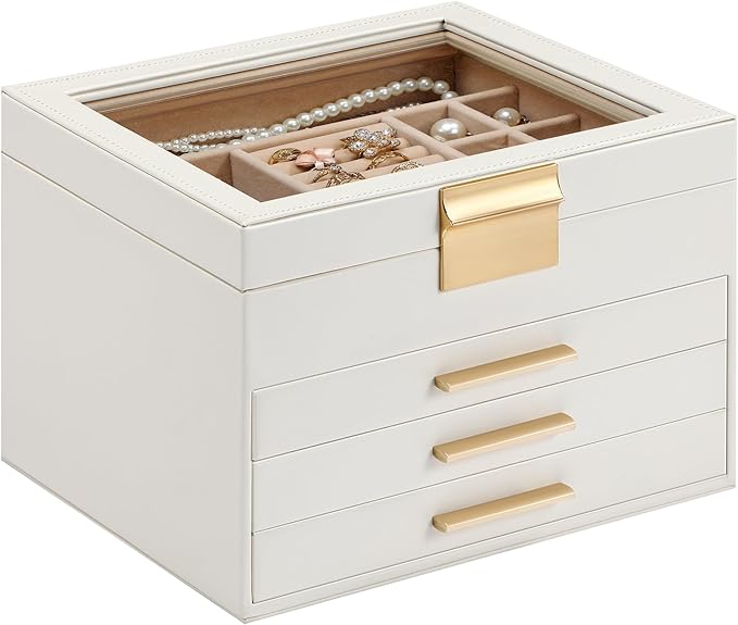 Somduy Jewelry Box Organizer for Women,4 Layers Jewelry Storage Display Box with Glass Lid,Gift for Christmas,3 Drawers,Large