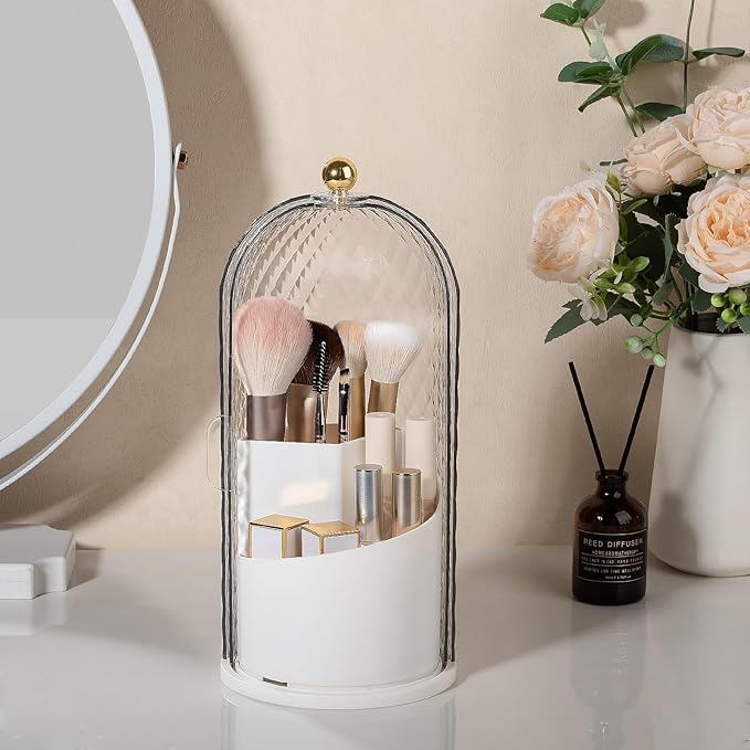Toothbrush Holder with Cover for Bathroom Countertop, Rotating Organizer for Electric Tooth Brush and Toothpaste, 3-Slot Make