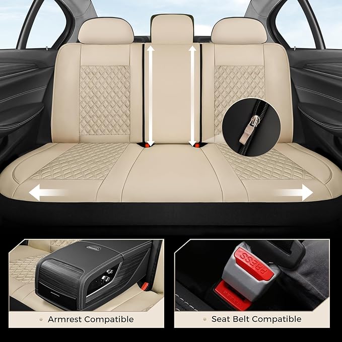 Coverado Car Seat Covers Full Set, Beige Car Seat Covers, Luxury Leather Car Seat Cover with Carbon Fiber Textured Design, Sp