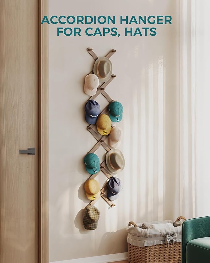 OROPY Wood Accordion Wall Hanger, Expandable Coat Rack Wall Mount with 20 Pegs, Expanding Hat Rack for Wall Walnut Color