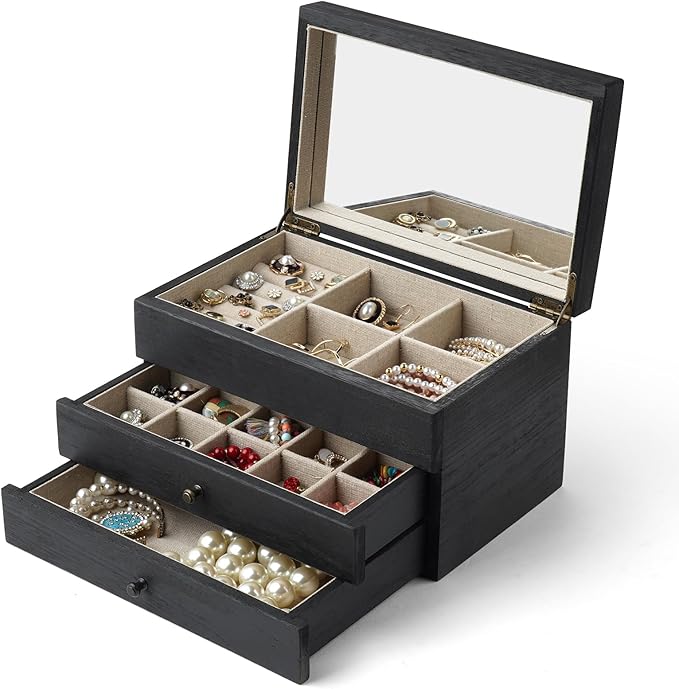 Meangood Jewelry Box Organizer for Women, 3 Layer Large Jewelry Storage Case, Rustic Wooden Jewelry Box with Mirror & Ring Tr