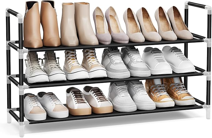 SONGMICS 3-Tier Shoe Rack, Shoe Storage for Hallway Closet, Slim and Space-Saving, Metal Frame, Non-Woven Fabric Shelves, Bla