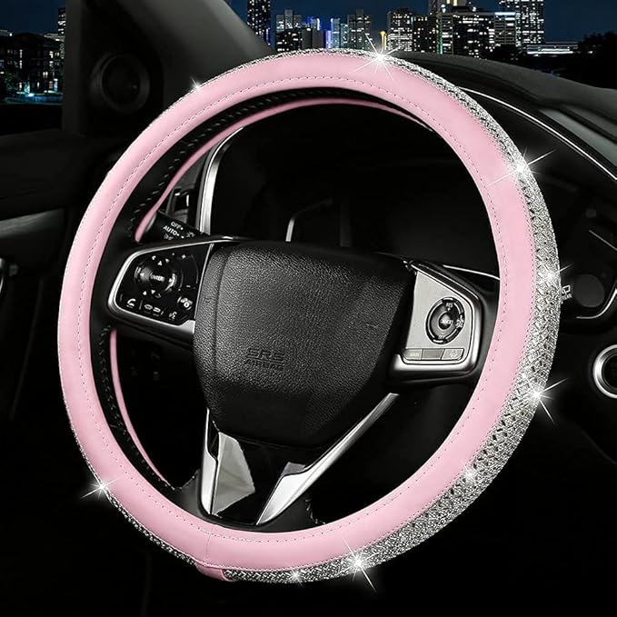Bling Diamond Leather Steering Wheel Cover, Pink Steering Wheel Covers for Women Girls with Crystal Rhinestones, Universal Fit 14.5“-15" Car Steering Wheel Bling Cover Accessories