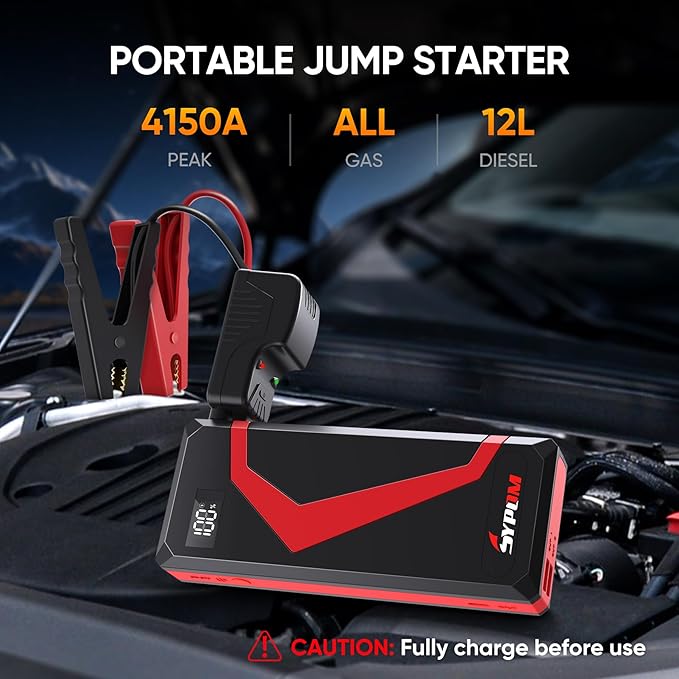 Portable Car Jump Starter, 4150A Peak Portable Car Battery Charger, 12V Battery Jump Box for Motorcycle, Truck Up to 12L