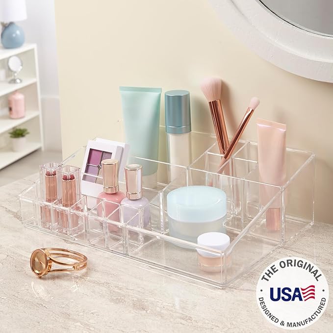 STORi Audrey Clear Vanity Makeup Organizer | 15-Compartment Holder for Brushes, Eyeshadow Palettes, & Beauty Supplies | Stack