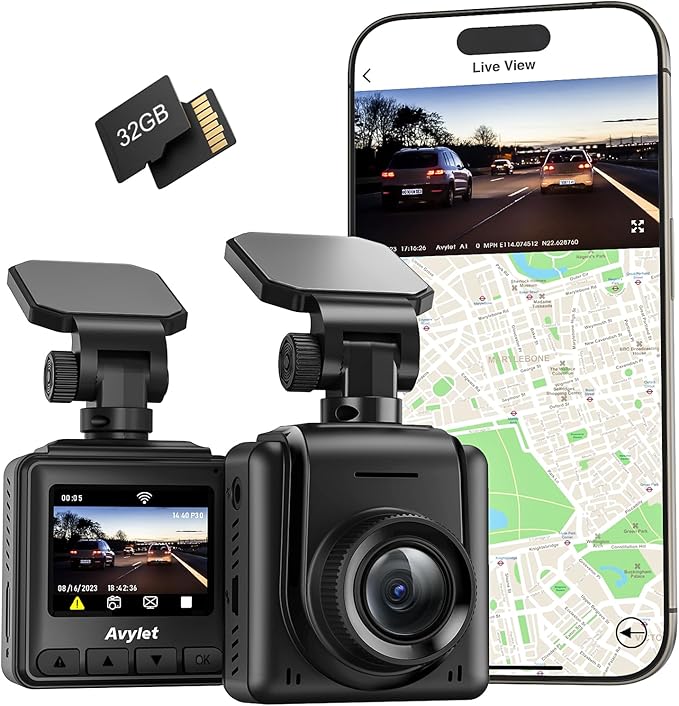 2K Dash Cam with 32 GB Card, 1.5'' IPS Screen, External GPS, WiFi Dash Camera for Cars, Front Dashcams for Cars with APP, WDR