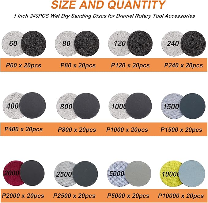 279PCS 1Inch Sanding Discs and Drum for Dremel Tool Accessories,60-10000 Grit Hook and Loop Sandpaper for Dremel Polishing Ki