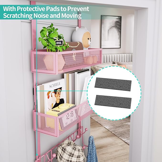 HapiRm Over The Door Hanger with Coat Hooks and 2 Baskets, Rustproof & Waterproof Pink Over The Door Hooks, Storage Organizer