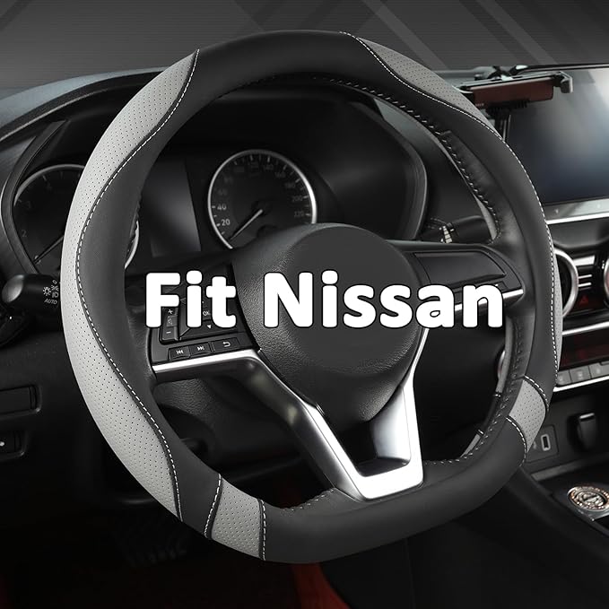 West Llama Flat Bottom Car Steering Wheel Cover for Nissan,D Shaped Steering Wheel Cover for Rogue,Altima,Kicks (Black+Gray-S