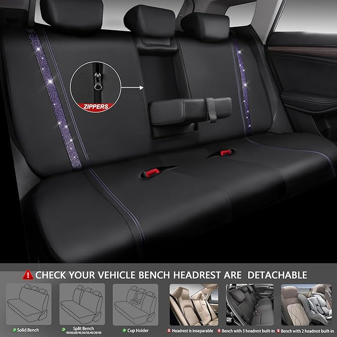 CAR PASS Bling Diamond Car Seat Covers Full Set,Shining Rhinestone Waterproof Faux Leather,Rear with Zipper,Universal Fit Automotive Glitter Crystal Sparkle Strips for Women,Violet Purple Rhinestone