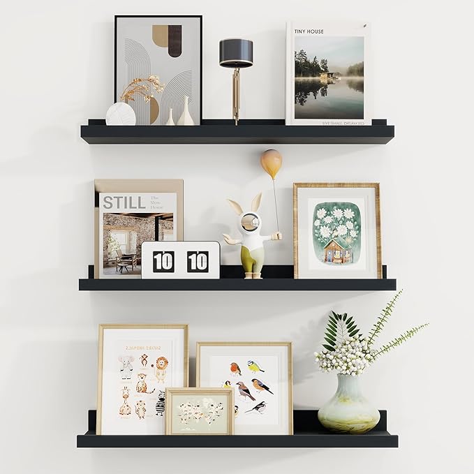 Axeman Picture Ledge Shelf | 24 Inch Black Floating Shelves Set of 3 | Rustic Wood Wall Shelves with Lip | 24" Black Picture 