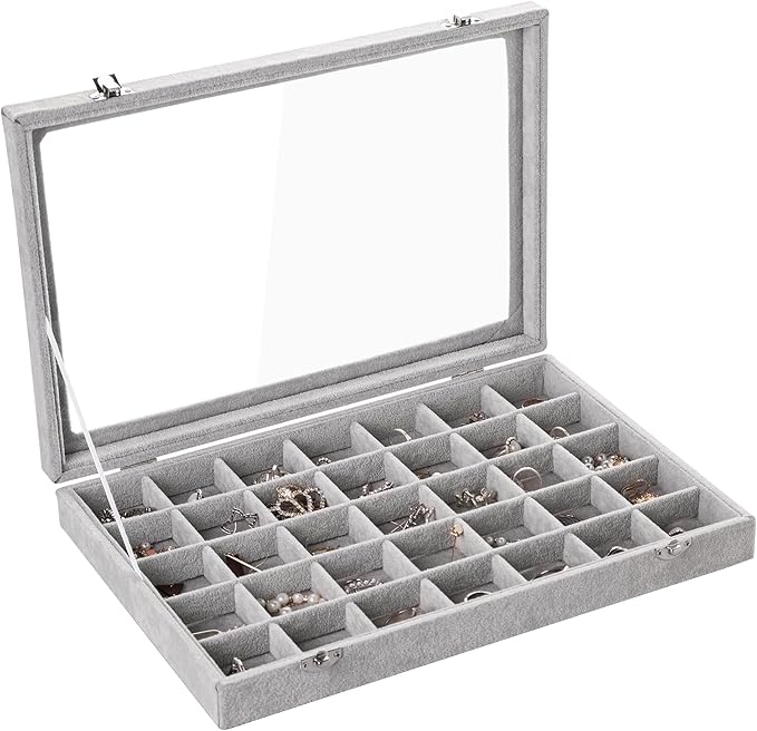 Frebeauty Velvet Jewelry Tray,35 Grid Jewelry Organizer with Clear Lid,Earring Holder Organizer Case with Clasp,Drawer Insert
