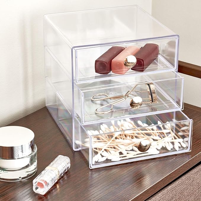 iDesign 3-Drawer Stackable Makeup Organizer - Clear Plastic Drawers for Bathroom, Vanity, or Desk