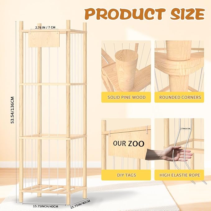 Dayacoco Stuffed Animal Storage, Wood Stuffed Animals Organizer Holder Zoo, Extra Large Capacity Stuff Storage with Elastic B