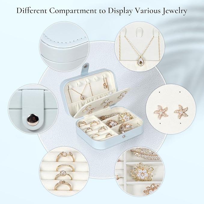 Hatori Travel Jewelry Box, PU Leather Small Jewelry Organizer for Women Girls, Double Layer Portable Mini Travel Case Display