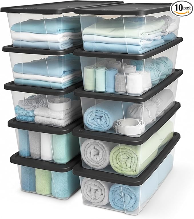 HOMZ 10-Pack Snaplock, Small Clear Plastic Storage Organizer Bins w/Lids, 6 Quart, Gray - Stackable Container Boxes for Bedro