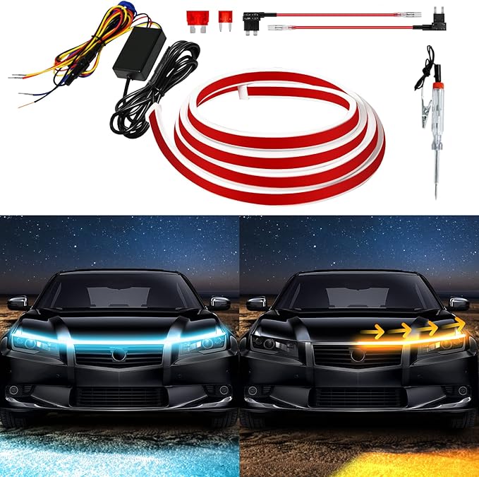 Exterior Car LED Hood Light Strip,Dual Color Dynamic Scan Start Up Hoodbeam Kit,Led Daytime Running Lights Ice Blue&Amber Switchback Sequential Turn Signal Lights for Cars, Trucks,SUV(59inch/1set)