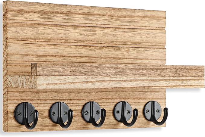 Lwenki Key Holder for Wall, Decorative Key and Mail Holder with Shelf Has Large Key Hooks for Bags, Coats – Paulownia Wood Ke
