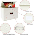 Linen Fabric Foldable Collapsible Storage Cube Bin Organizer Basket Fabric Storage Bins with Lid, Leather Handles, Removable 