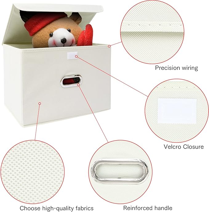 Linen Fabric Foldable Collapsible Storage Cube Bin Organizer Basket Fabric Storage Bins with Lid, Leather Handles, Removable 