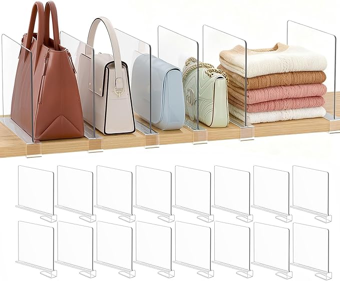 Purse Organizer for Closet Shelf Dividers: 16-Pack Adjustable Clear Acrylic Bag Storage Organizer for Handbags, Sweaters, Tow