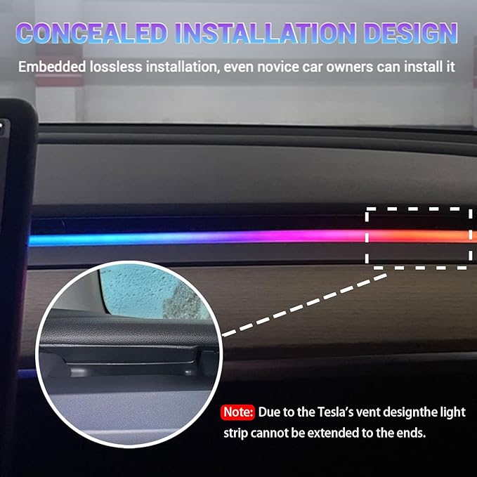 LED Car Ambient Lighting Strip for Tesla High Brightness with APP Control Multiple Colors and Car LED Strip Lighting Neon Lights for Model 3/Y (Dashboard)