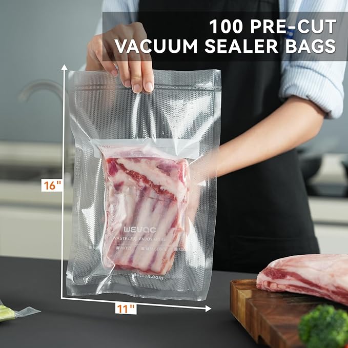 Wevac 11" x 16" Precut Vacuum Sealer Bags, 100 Count, Includes 5 Liquid Block Bags & 5 Bone Guard Pieces, Heavy Duty for Food
