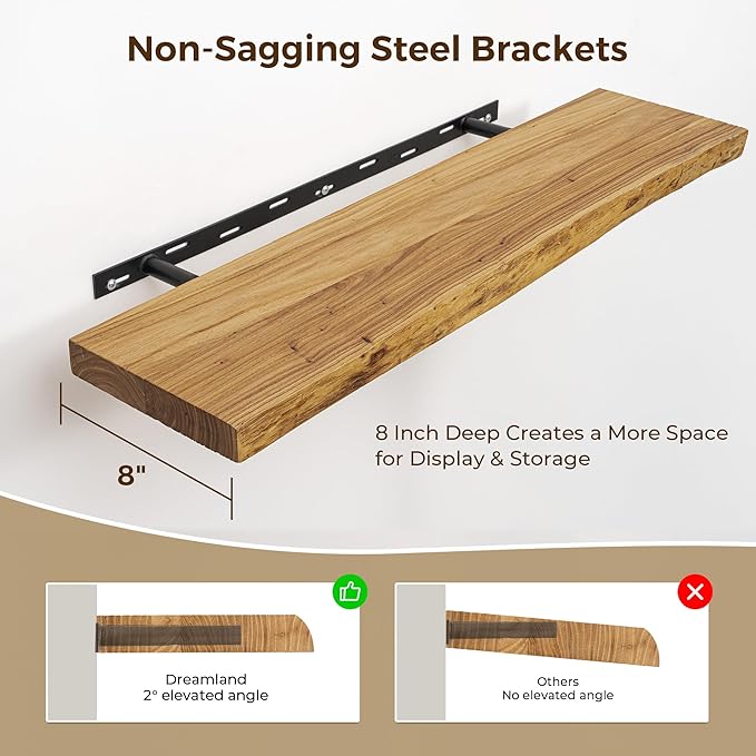 Dreamland 72 inch Floating Shelves for Wall Solid Elm Wood Live Edge Wall Mounted Shelves|Rustic Long Floating Shelves with I