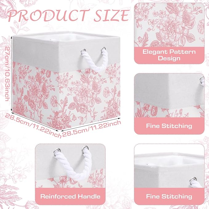 LemonRoad 6 Pcs Pink Floral Cube Storage Bins 11.22 Inch Square Storage Basket with Handle, Preppy Girls Organizer Basket, Co