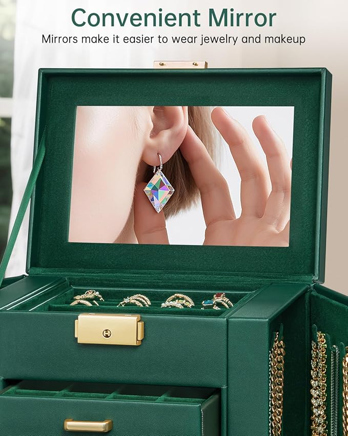 AKOZLIN 4-Tier Jewelry Box Leather Jewelry Storage Organizer with 3 Drawers Lockable for Women Girls Ring Necklace Earring Br