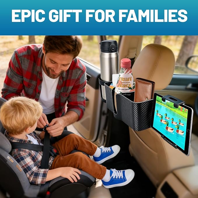 Car Headrest Backseat Storage Box with 2 Cup Holders, Back Seat Car Organizer 5"-13" Tablet Phone Holder with Hook, Adjustable 3-in-1 Multifunctional Car Essential Food Tray for Travel Accessories