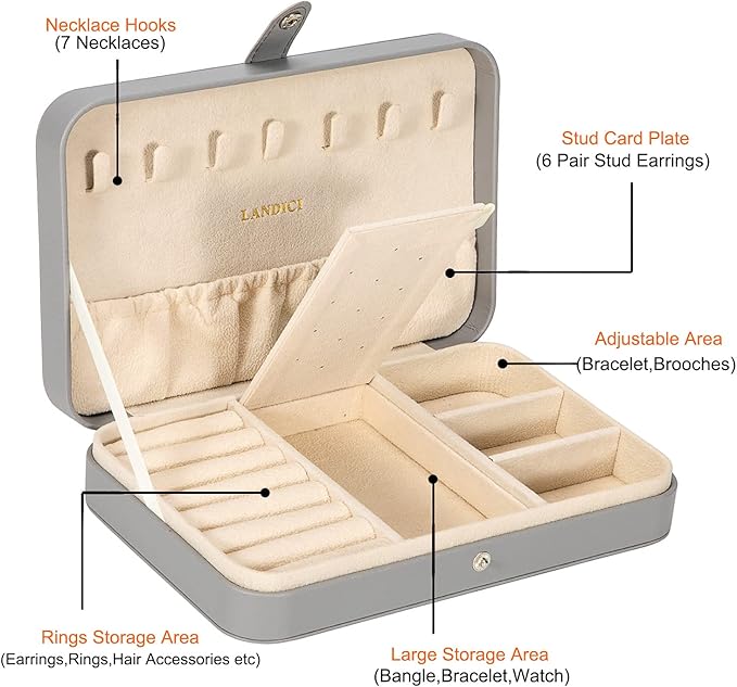 LANDICI Small Jewelry Box for Women Girls, PU Leather Travel Jewelry Case, Portable Jewelry Organizer Storage Holder Display 