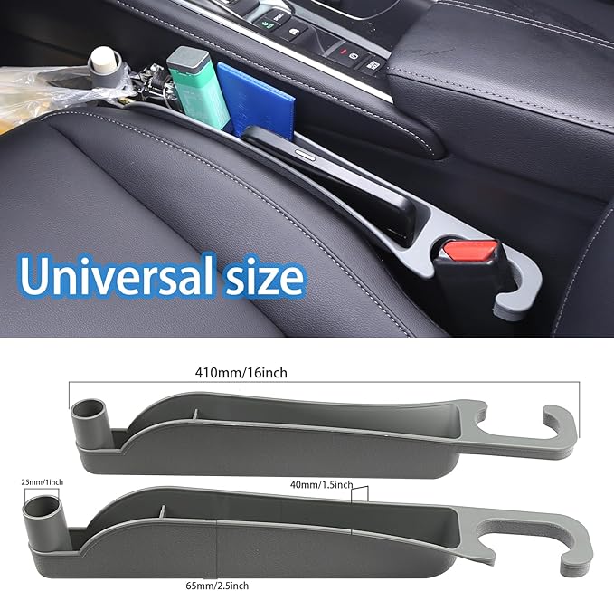 Supin Car Seat Gap Filler Set of 2, Multifunctional Seat Side Gap Filler with Organizer & Hook Function& 2 Storage for Stabilizing Phone,Keys Wallet, Fill The Gap Between Seat & Console (Gary)