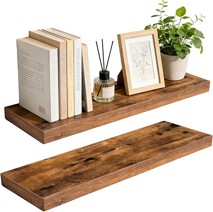 23.6 inch Rustic Brown Floating Shelves Set of 2, Solid Wood Wall Mounted Shelves, Heavy Duty Display Storage Shelves for Bed