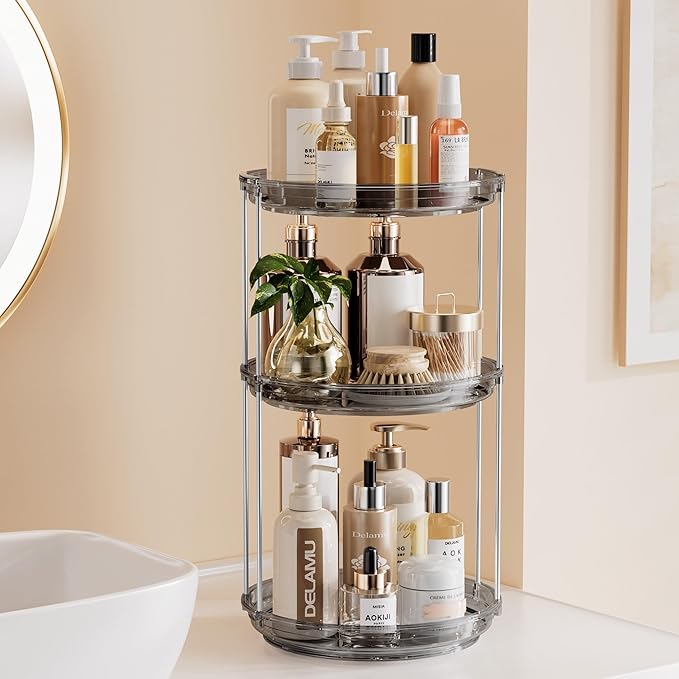 Delamu 3 Tier Rotating Makeup Organizer for Vanity, Skincare Organizer for Bathroom Counter, Spinning Perfume Organizer Cosme
