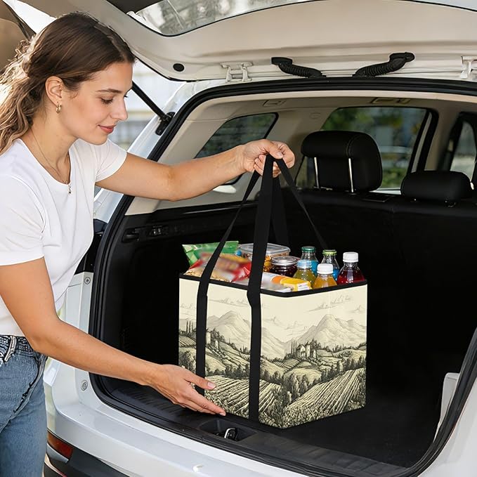 Tuscan Countryside Reusable Grocery Bags Large Shopping Tote Bag with Reinforced Bottom Board, Water Resistant Foldable Stora