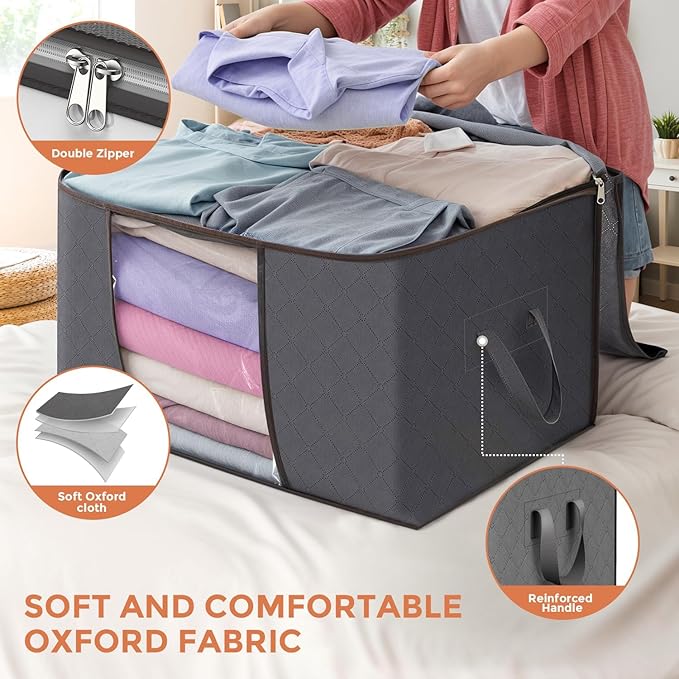 90 L Large Storage Bags, 6 Pack Clothes Storage Bins Foldable Closet Organizers Storage Containers with Reinforced Handle for