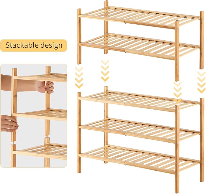 6-Tier Bamboo Shoe Rack for Entryway, Stackable | Heavy Duty | Multi-Function, Free Standing Shoe Racks for Bedroom Hallway C