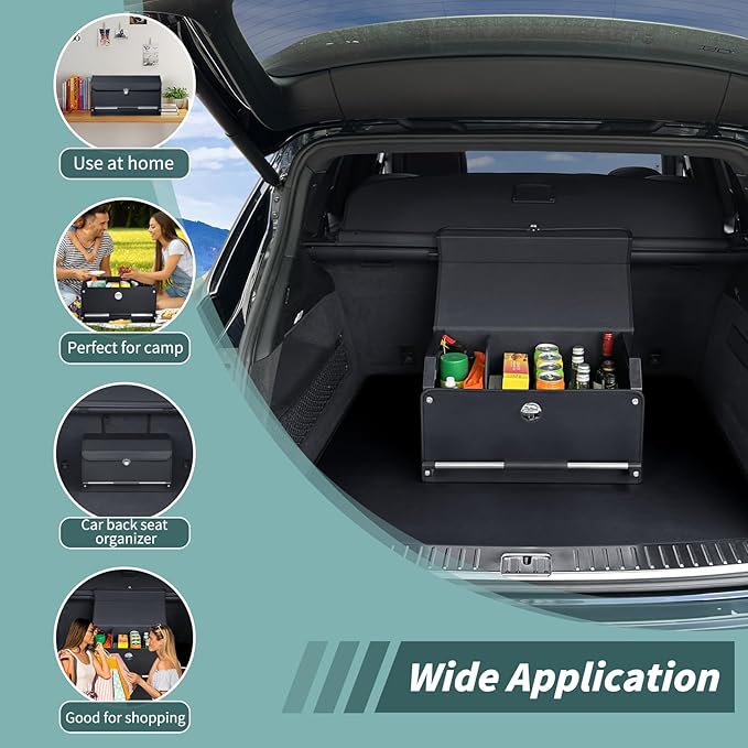 XCF Car Trunk Organizer, Leather Trunk Organizer for SUV with Lid and Sturdy Handle Car Storage Organizer (Black, 20.47 x 11.42