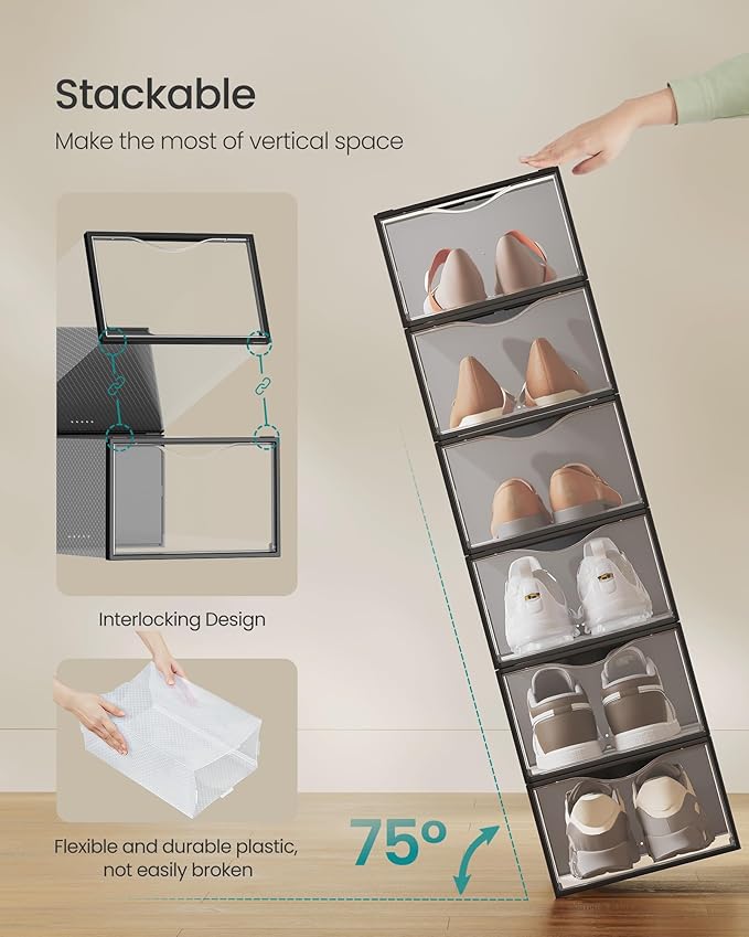 SONGMICS Shoe Boxes, Shoe Storage Organizers Rack for Closet, Plastic Stackable Sneaker Containers Case, 12 Pack, Transparent