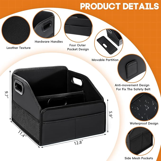 Car Storage Organizer Reinforced Dividable Leather Car Caddy Basket for Front Seat Floor Back Sturdy Frosted Handle 8 Compartments