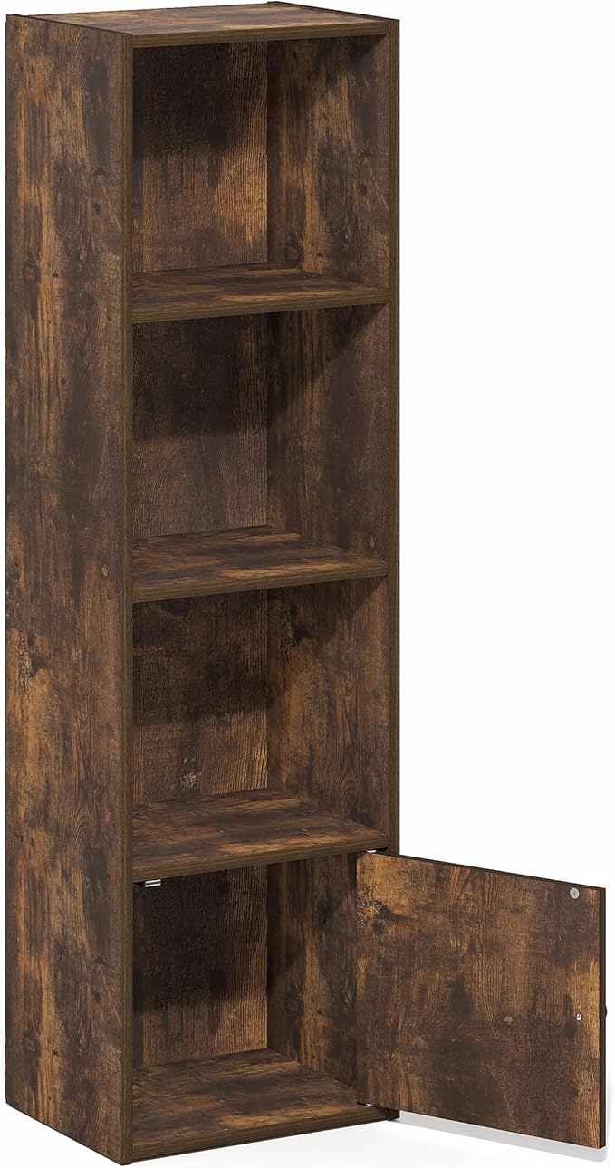 Furinno LUDER Book Shelf, 4-Tier Bookshelf with Open Shelf, Standing Bookcase with 1 Door Cabinet, 9.3 x 12 x 41.8, for Organ
