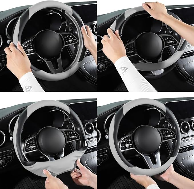 Car Steering Wheel Cover, Microfiber Leather Steering Wheel Cover Universal Fit 14.5-15 inch Anti-Slip Comfortable Breathable