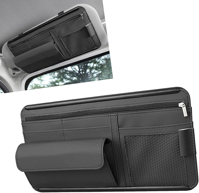 MLY Car Sun Visor Organizer, Leather Sunglasses Note Pen Card Holder with Multi-Pocket Net Zipper Storage Bag, Scratch-Resistant Car Sun Visor Organizer for Truck, Cars Interior Accessories (Black)