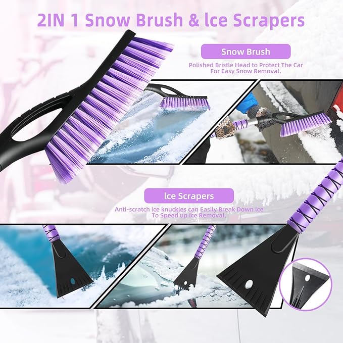 27” Snow Brush and Detachable Ice Scraper for Car Windshield, Car Snow Scraper and Brush Set, Ergonomic Foam Grip,Suitable for Cars SUVs and Trucks Vehicle(Aluminum Structure, PVC Brush, Purple 2 PC)