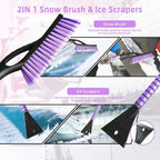 27” Snow Brush and Detachable Ice Scraper for Car Windshield, Car Snow Scraper and Brush Set, Ergonomic Foam Grip,Suitable for Cars SUVs and Trucks Vehicle(Aluminum Structure, PVC Brush, Purple 2 PC)